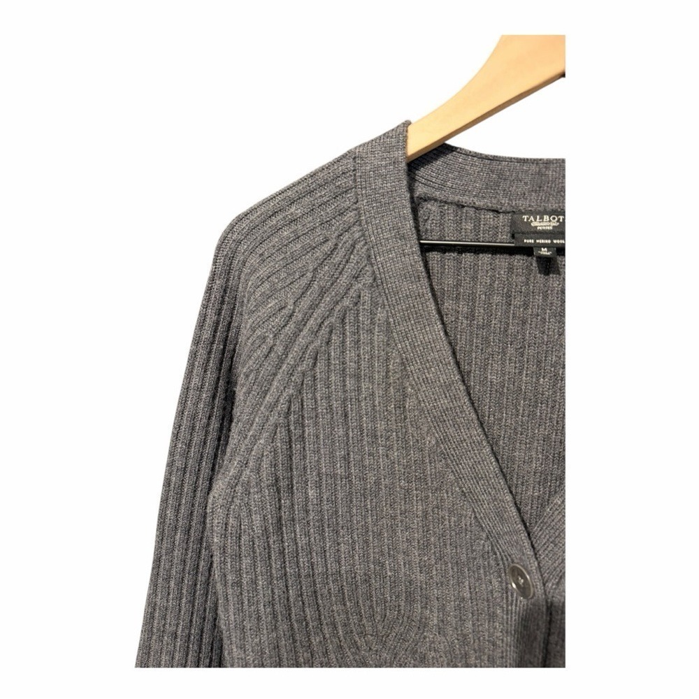 Talbots Merino Wool Ribbed Cardigan Sweater Gray V-Neck Button Front M - Picture 5 of 7